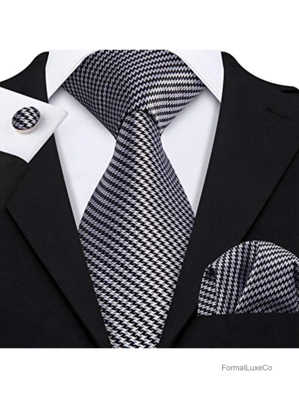 Silk Tie Set with Pocket Square & Cufflinks, Jacquard Woven
